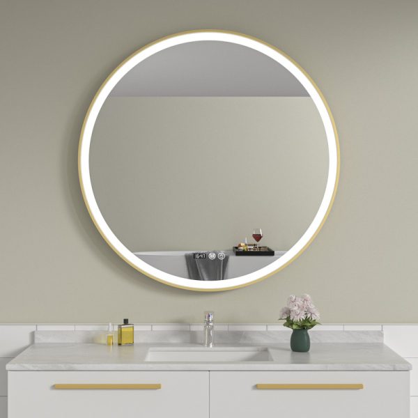 Oglinda baie 90x90 rotunda cu dezaburire. Rama aurie