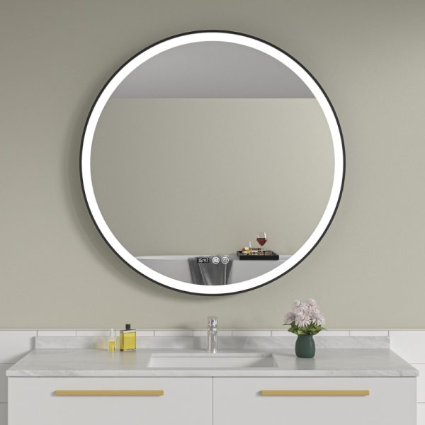 Oglinda baie 90x90 rotunda cu dezaburire. Rama neagra