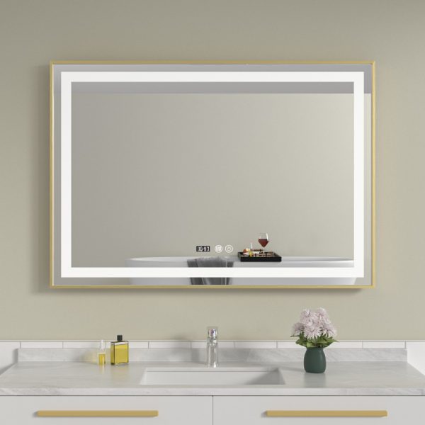 Oglinda baie led 100x70 cu rama din aluminiu aurie