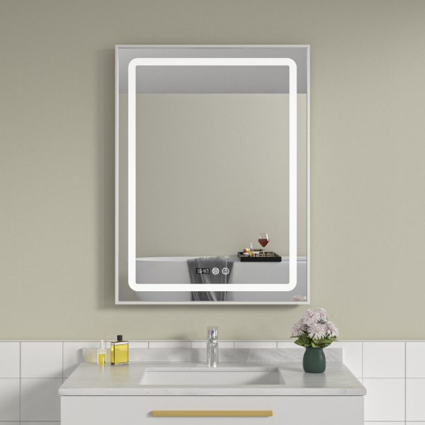 Oglinda baie 60x80 cu led si dezaburire. Rama argintie din aluminiu