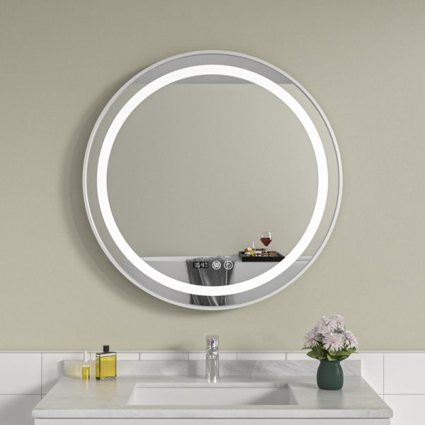 Oglinda baie led 70x70 rotunda cu rama argintie