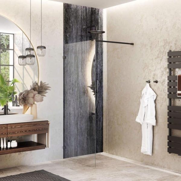 PARAVAN DUS MELINA 900/2000, PROFIL NEGRU, STICLA TRANSPARENTA 8 MM