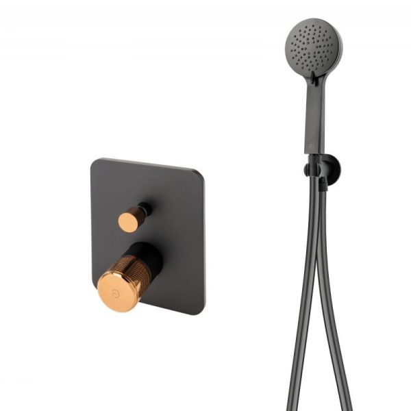 SISTEM DUS 6 IN 1 ARDESIA, BATERIE INCASTRATA 2 IESIRI, CAP DUS FIX, BRAT, PARA, FURTUN SI RACORD PENTRU BATERIE INCASTRATA, NEGRU-ROZ AURIU