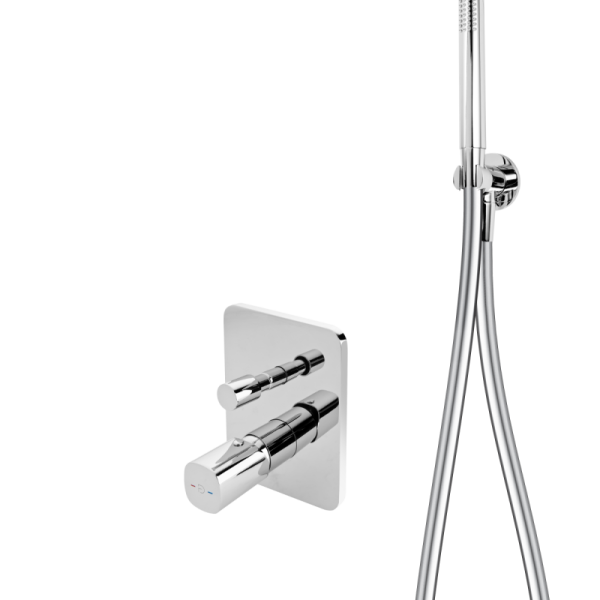 SISTEM DUS 6 IN 1 MEANDRO, BATERIE INCASTRATA 2 IESIRI, CAP DUS FIX, BRAT, PARA, FURTUN SI RACORD PENTRU BATERIE INCASTRATA, CROM