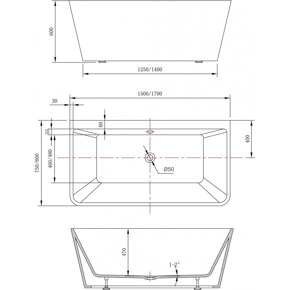 Cada freestanding la perete 150x75 negru Linea Wall - imagine 2