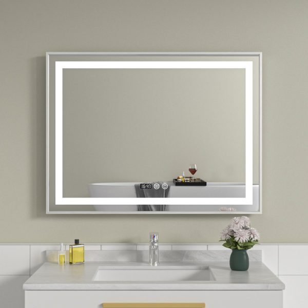 Oglinda baie led 80x60 cu rama din aluminiu argintie