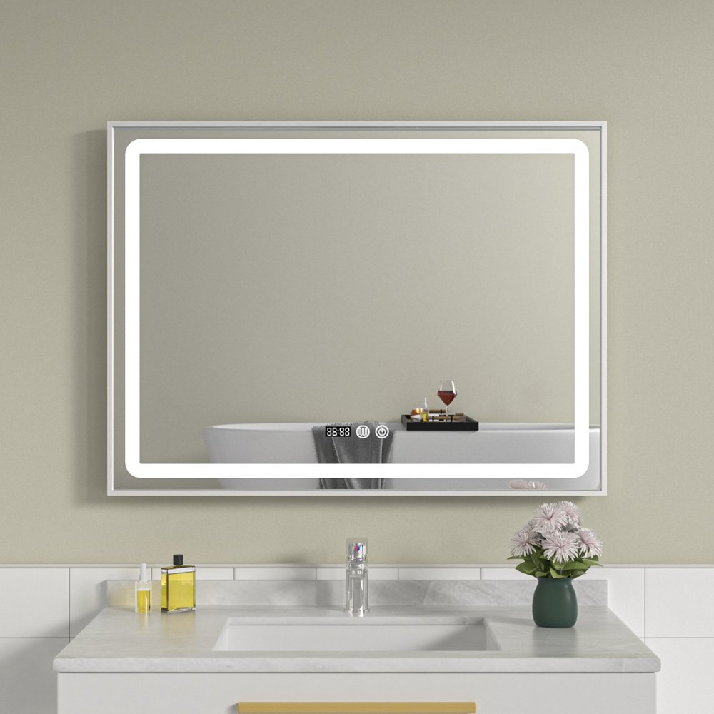Oglinda baie led 100x70 cu rama argintie din aluminiu - imagine 1