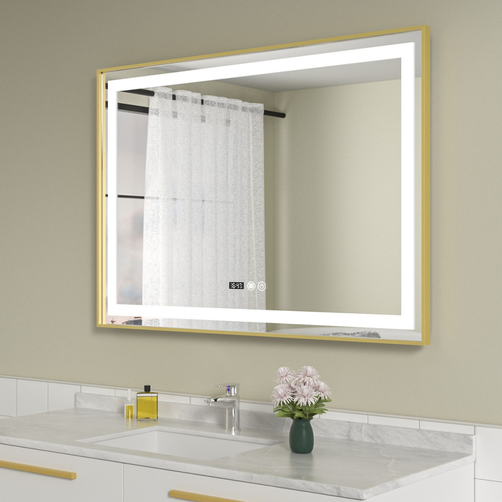 Oglinda baie led 100x70 cu rama din aluminiu aurie - imagine 2