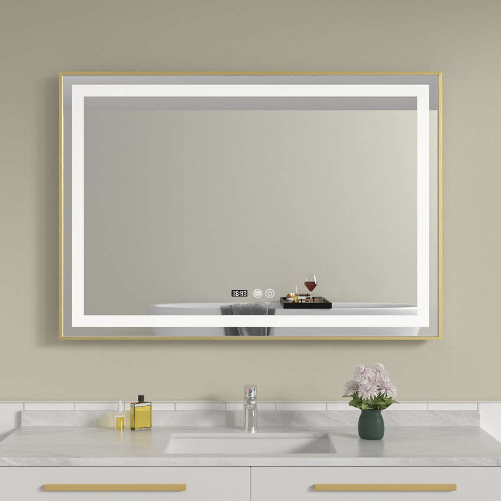 Oglinda baie led 100x70 cu rama din aluminiu aurie - imagine 1