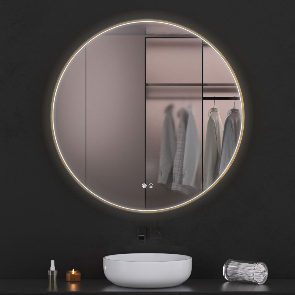 Oglinda baie led rotunda 90x90 cu rama aurie. Trei tipuri de iluminare - imagine 4