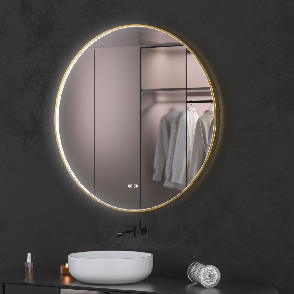 Oglinda baie led rotunda 90x90 cu rama aurie. Trei tipuri de iluminare - imagine 5