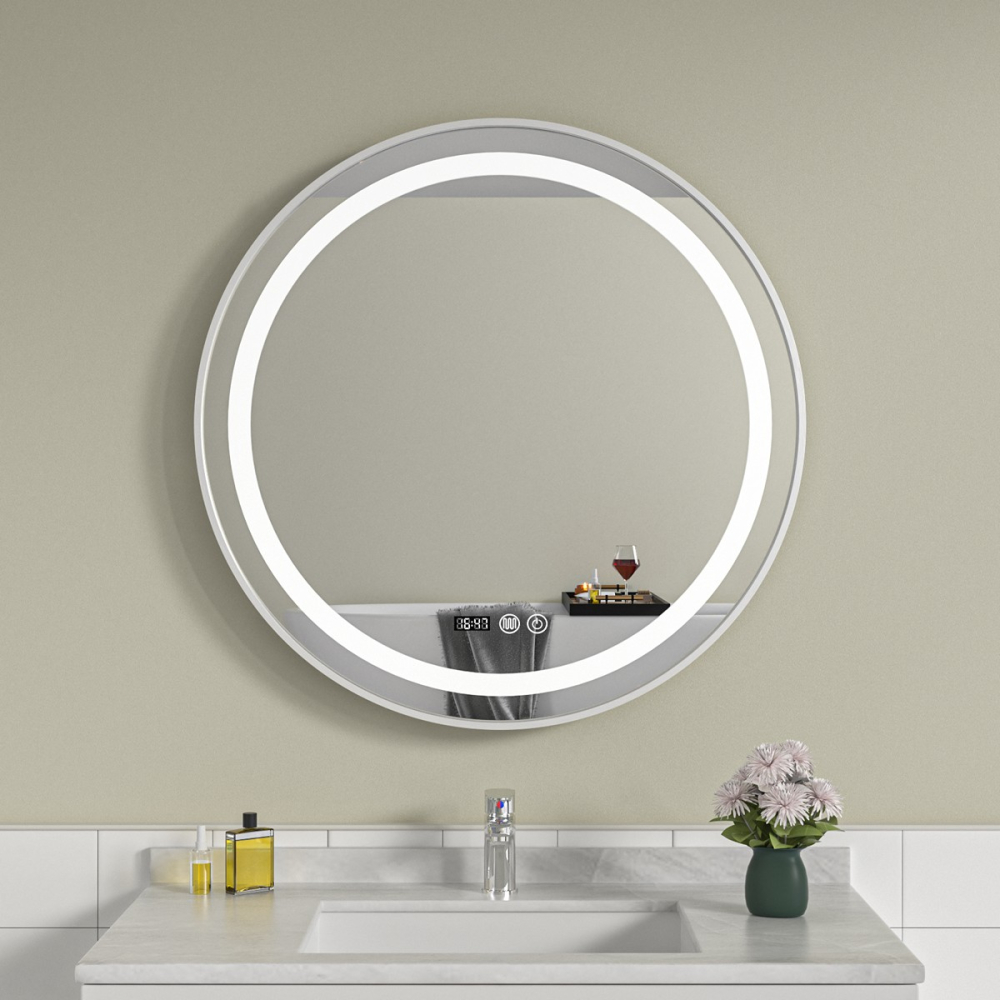 Oglinda baie led 70x70 rotunda cu rama argintie - imagine 1
